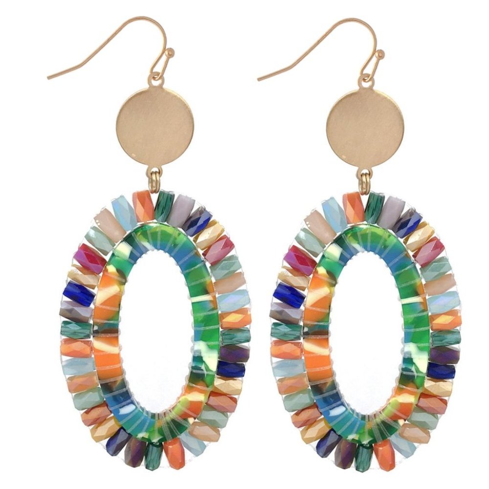 1 Pair Beaded Acrylic Oval Drop Earrings in Gold